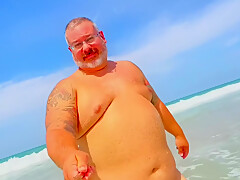 Old Fat Grey Haired Man Has Naked Day And Cums Big At The Beach